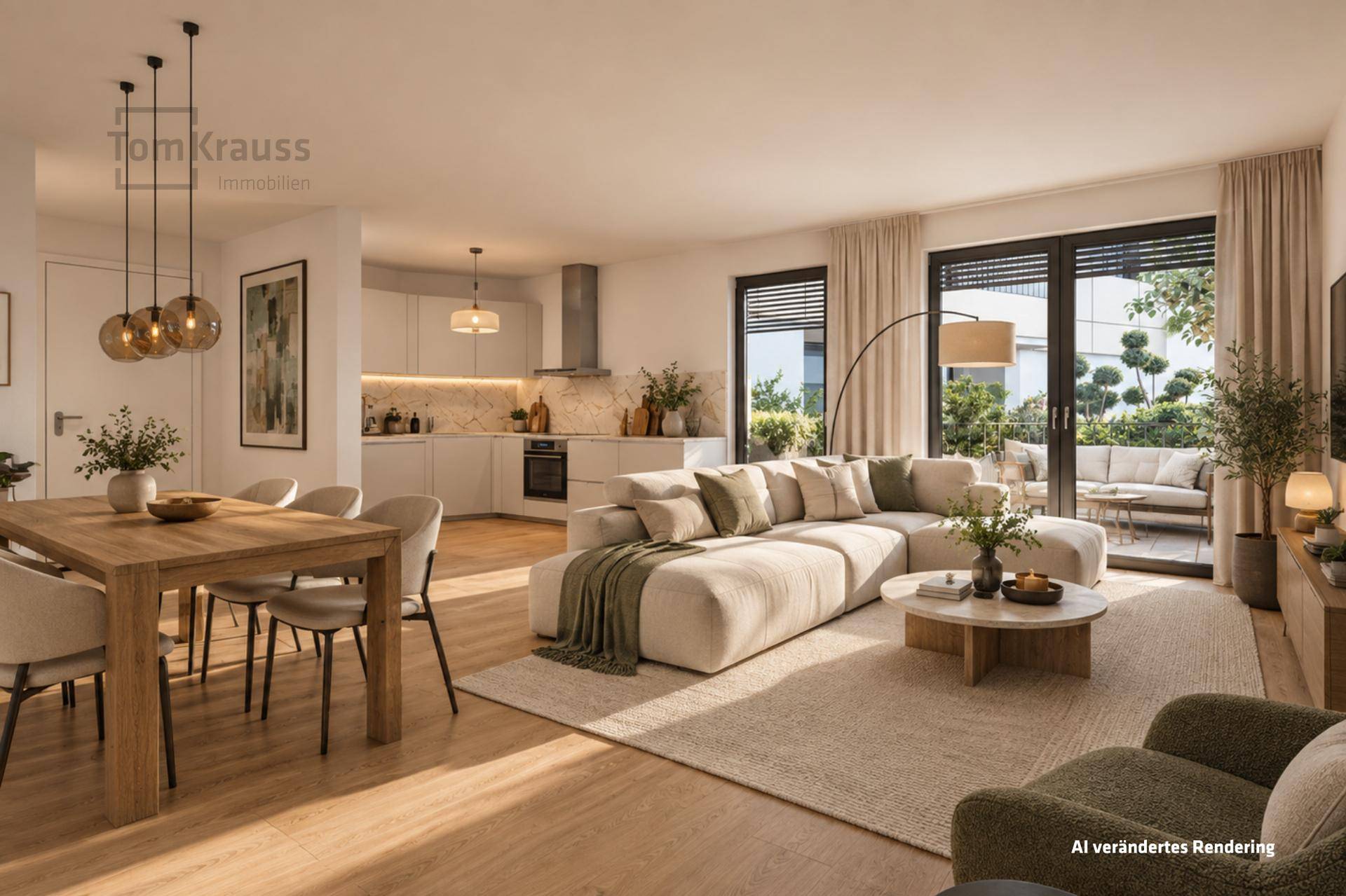 Geräumiger offener Wohn-Essbereich mit moderner Küche, hellem Interieur und Terrassenzugang.