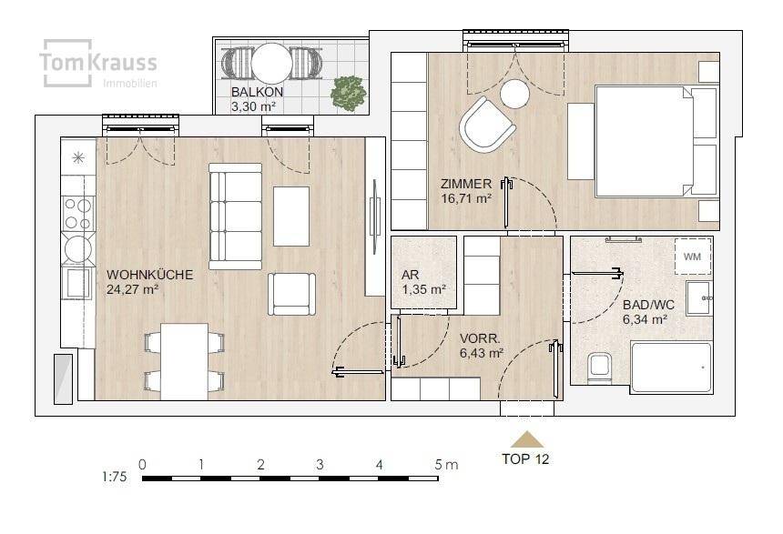 Detaillierter Grundriss einer Wohnung mit Wohnküche, Schlafzimmer und Balkon.
