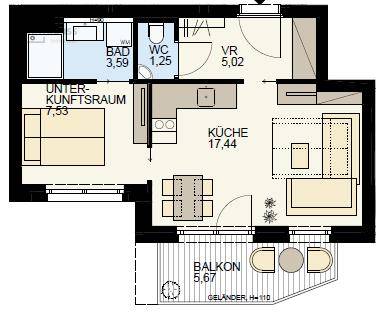 Detaillierter Grundriss einer Wohnung mit offener Küche, Bad, WC und Balkon.