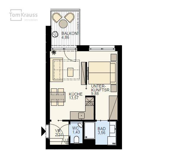Grundriss einer Wohnung mit Balkon, Küche, Badezimmer und separatem WC.