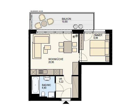 Grundriss einer kleinen Wohnung mit Wohnküche, Schlafzimmer, Bad und Balkon.