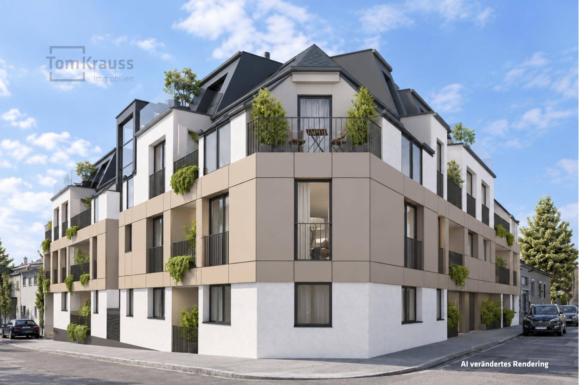 Rendering der modernen Fassade eines Apartmentgebäudes mit Balkonen und großen Fenstern.