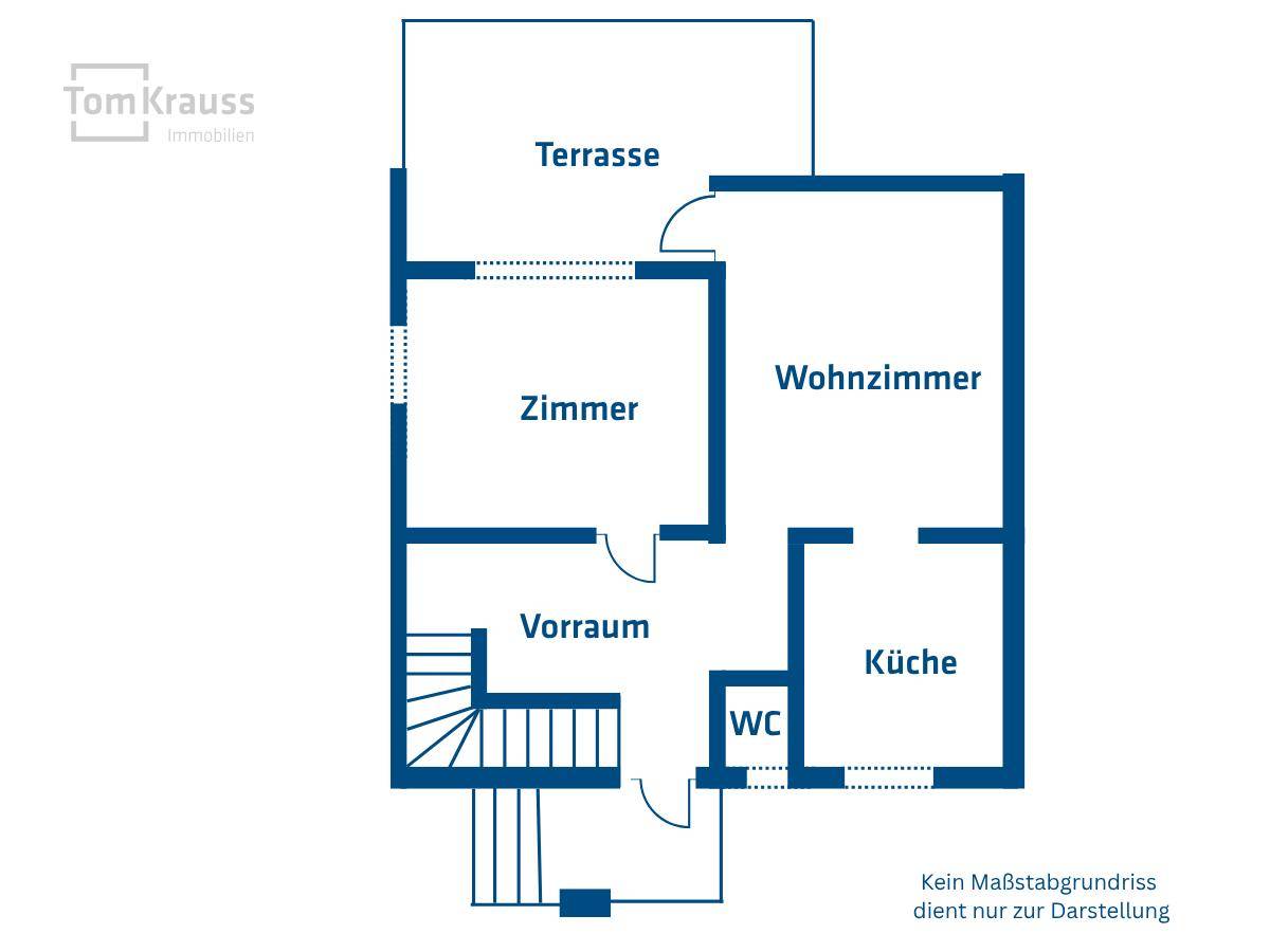 Grundriss des Erdgeschosses mit Wohnzimmer, Küche, Zimmer, WC und Terrasse.