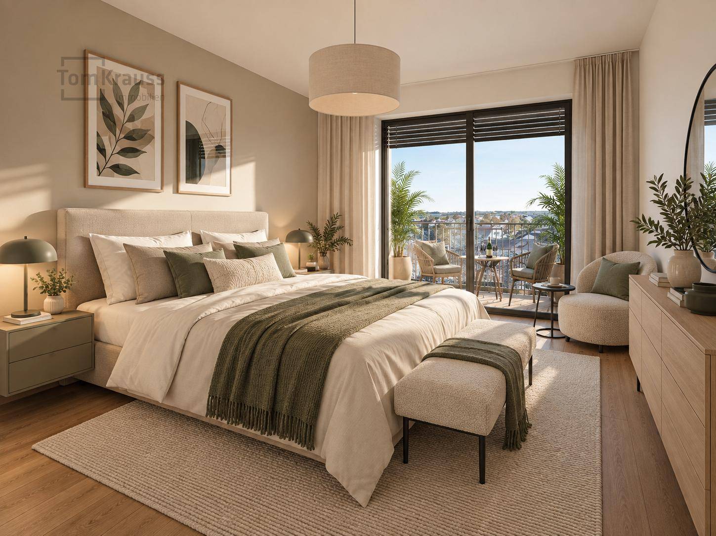 Helles Schlafzimmer in neutralen Tönen mit Zugang zu einem möblierten Balkon und Stadtblick.