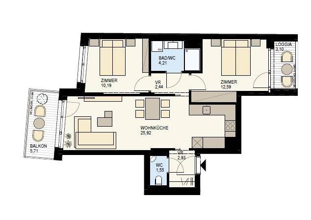 Detaillierter Grundriss mit zwei Schlafzimmern, Wohnküche, Bad, WC, Balkon und Loggia.