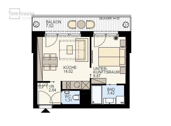 Grundriss einer Wohnung mit Balkon, Küche, Bad und separatem WC.