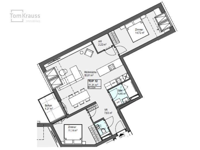 Grundriss einer Wohnung mit offener Wohnküche, zwei Zimmern und Balkon.