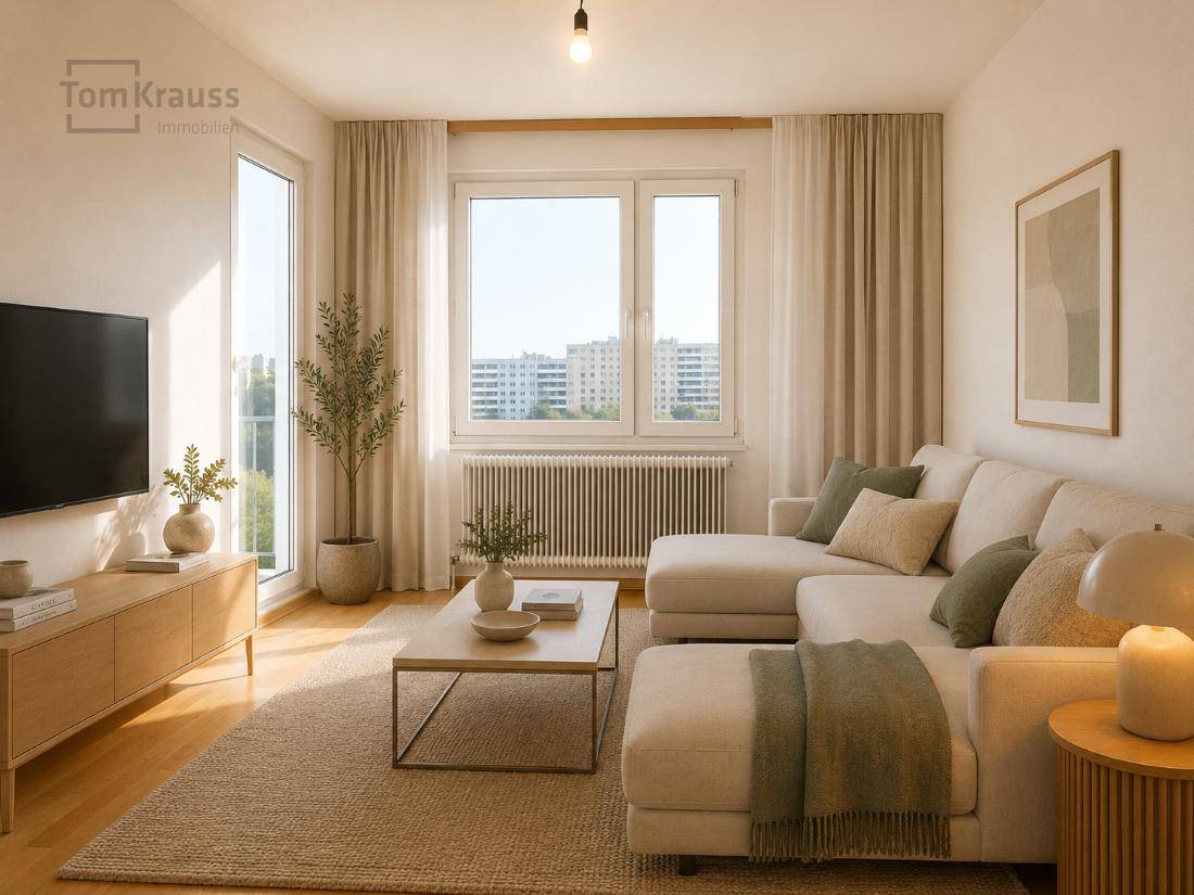 Gemütliches Wohnzimmer mit Ecksofa, Holzboden und großem Fenster mit Stadtblick.