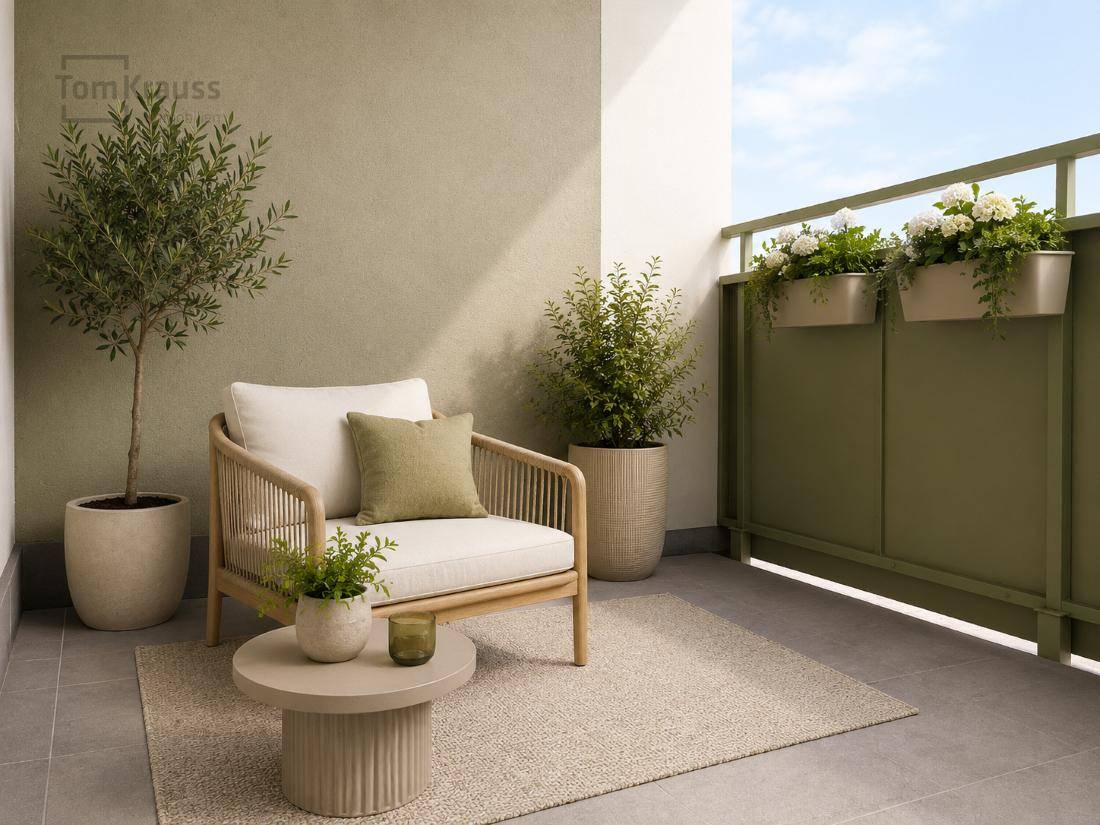 Gemütlicher Balkon mit Sitzgelegenheiten, Pflanzen und Blick ins Grüne.