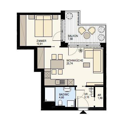 Grundriss einer Wohnung mit einem Zimmer, Wohnküche, Bad und Balkon.