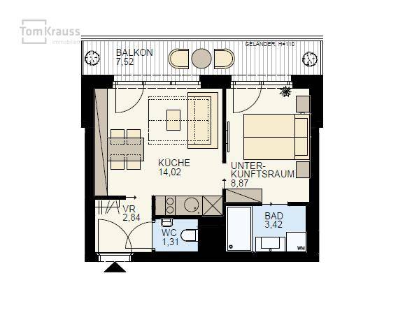 Grundriss einer Wohnung mit Balkon, Küche, Bad und separatem WC.