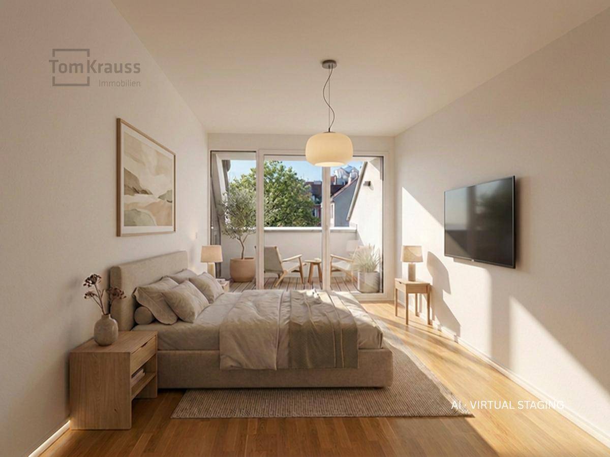 Virtuell inszeniertes Schlafzimmer mit Holzboden und direktem Zugang zu einem kleinen Balkon.