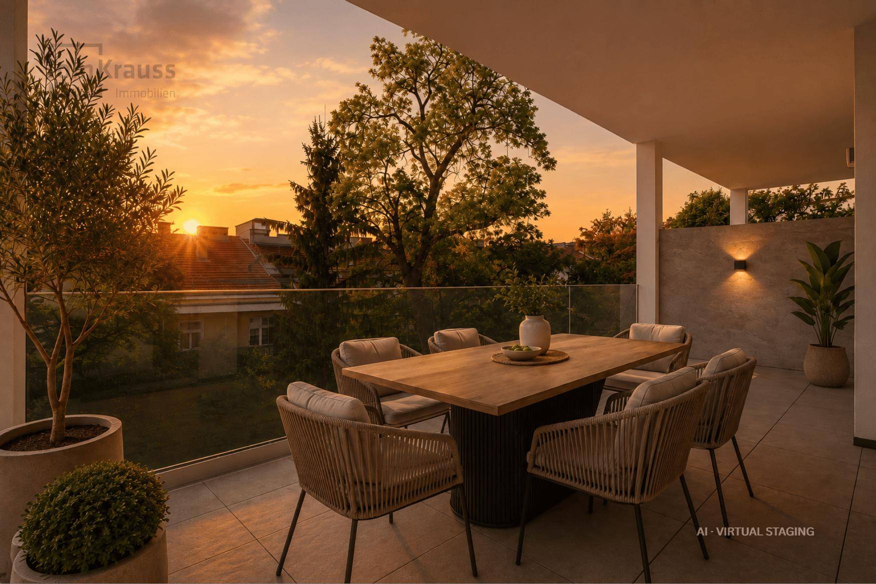 Stilvolle Terrasse mit Esstisch und Stühlen, Glasbrüstung und malerischem Sonnenuntergang.