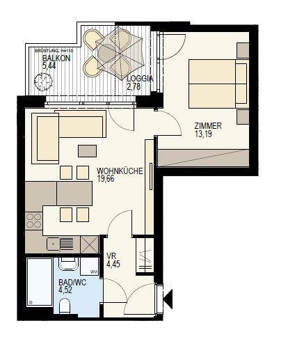 Grundriss einer Wohnung mit Wohnküche, Schlafzimmer, Bad und Balkon/Loggia.