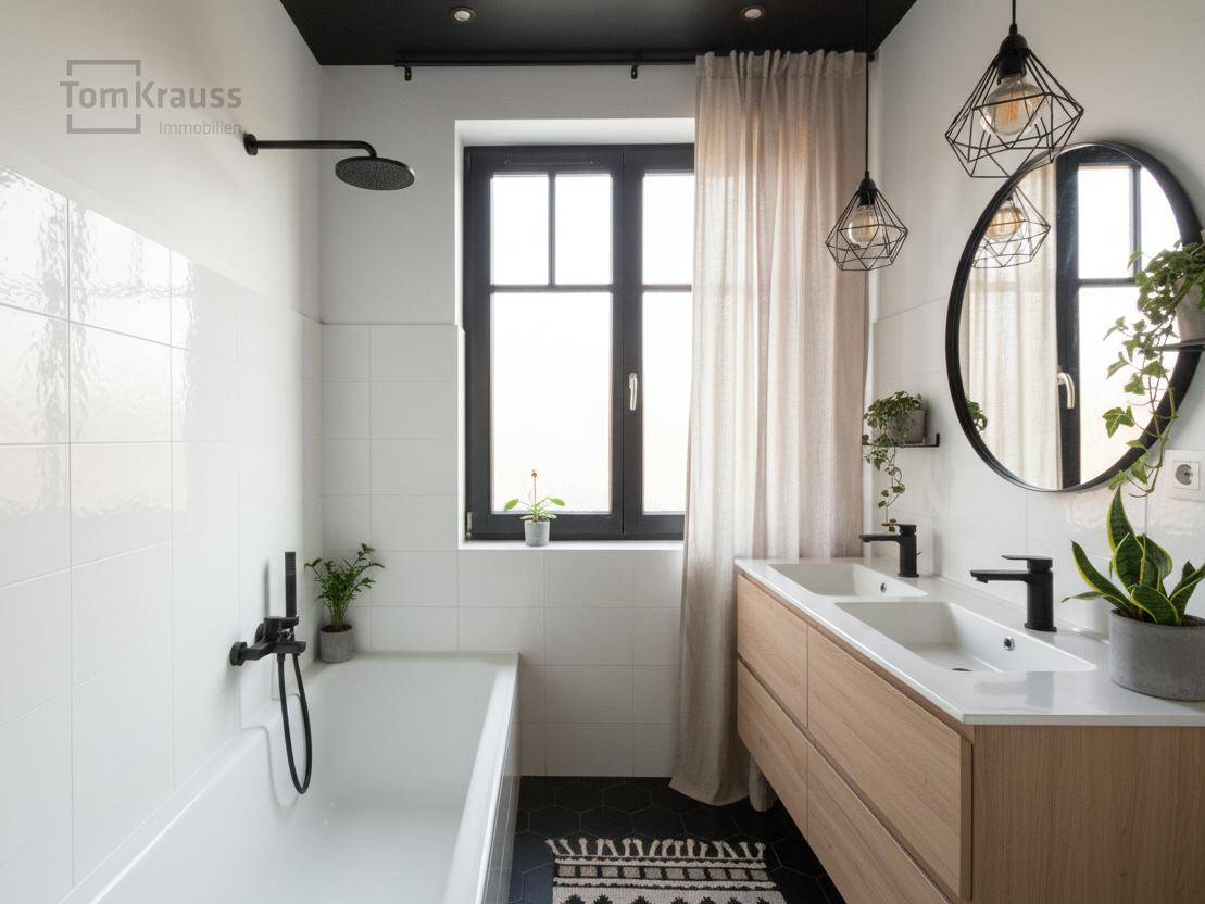Modernes Badezimmer mit weißen Fliesen, schwarzen Armaturen, Doppelwaschbecken und Badewanne mit Regendusche.