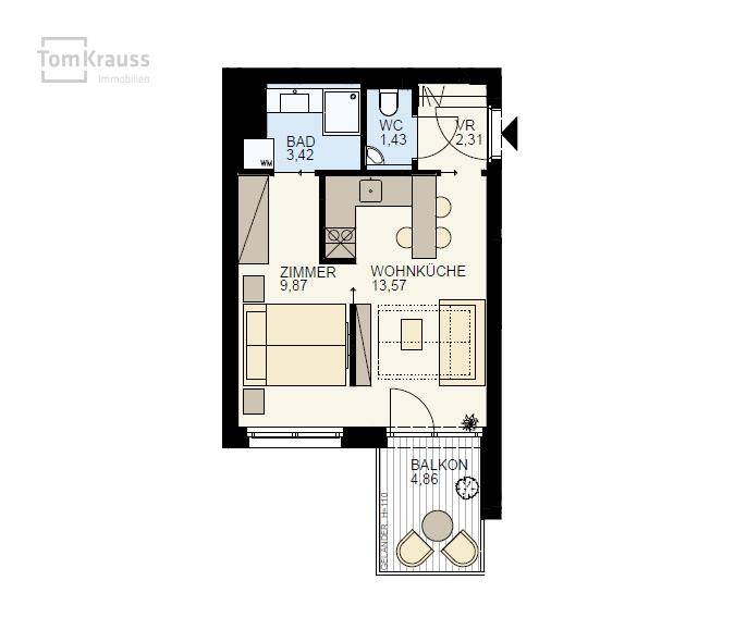 Grundriss einer kleinen Wohnung mit Schlafzimmer, Bad, Wohnküche und Balkon.
