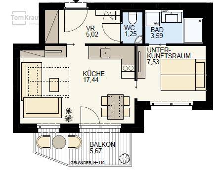 Detaillierter Grundriss einer Wohnung mit Küche, Wohnbereich, Bad, WC und einem Balkon.