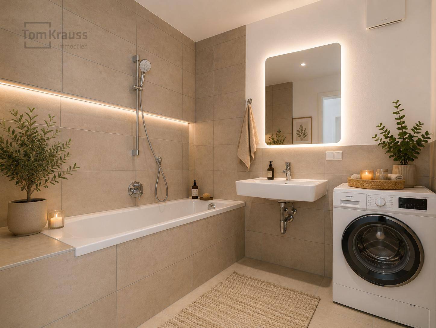 Modernes Badezimmer mit Badewanne, Waschbecken und Waschmaschine, in beigen Fliesen gehalten.
