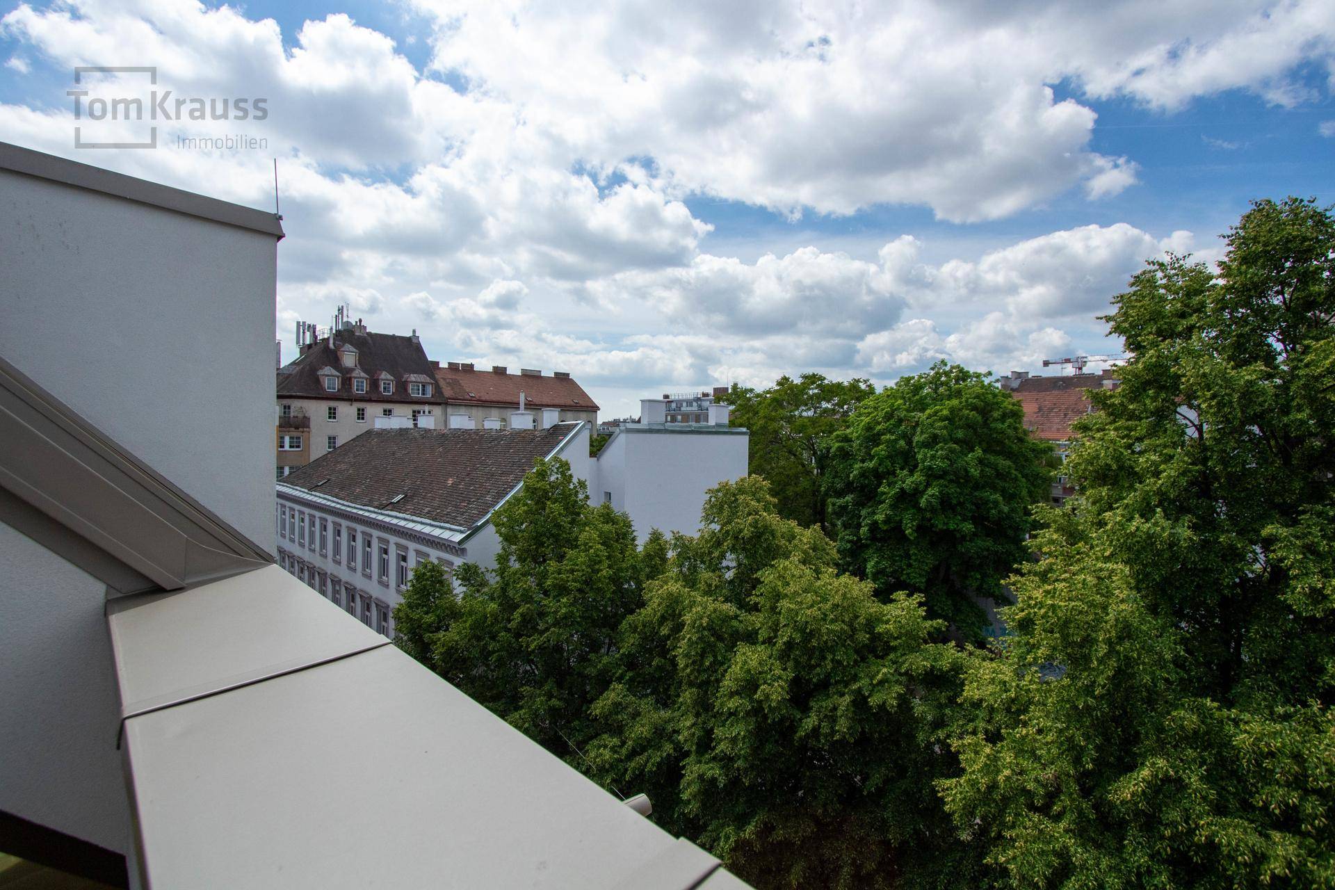 Panoramablick auf grüne Bäume und die Dächer der Stadt unter einem bewölkten Himmel.