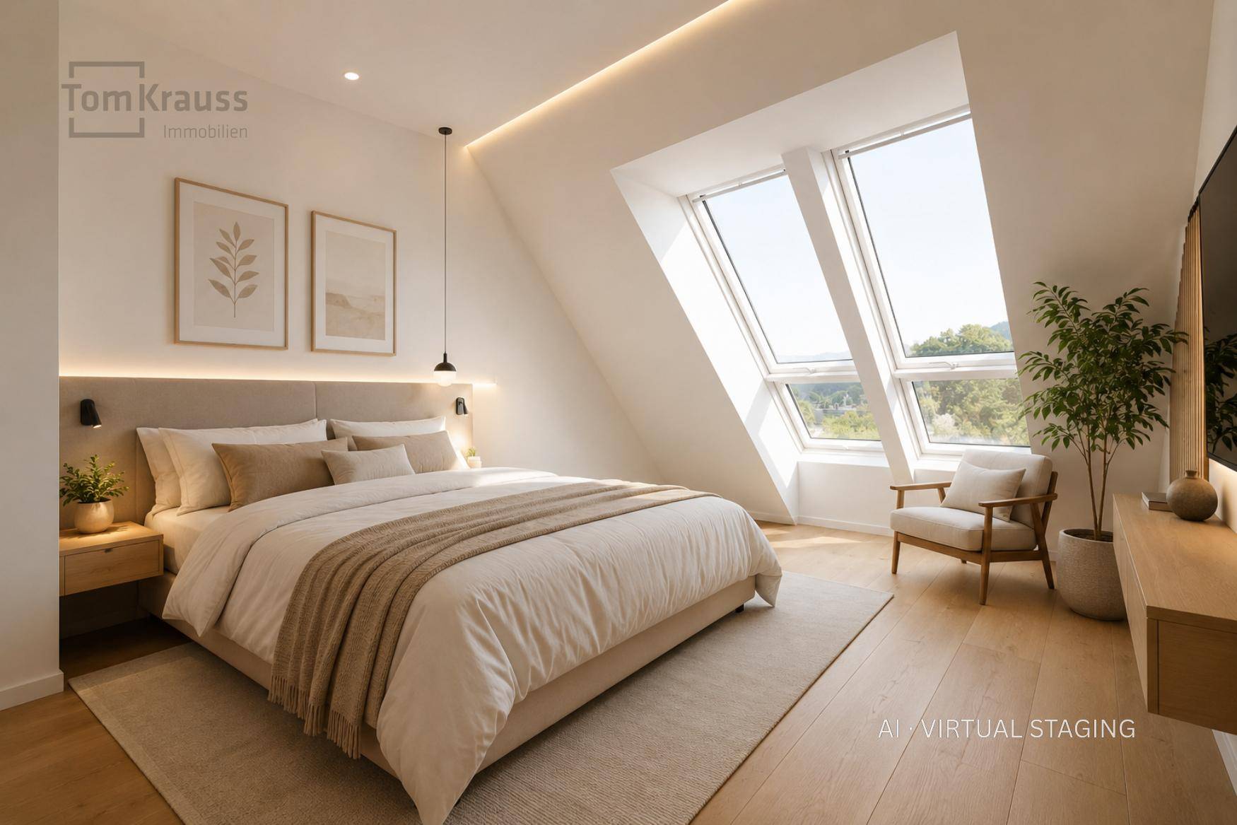 Elegantes Schlafzimmer mit Holzboden, indirekter Beleuchtung und großen Dachfenstern.