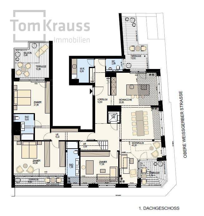 Grundriss des ersten Dachgeschosses mit mehreren Zimmern, Bädern und Terrassen.