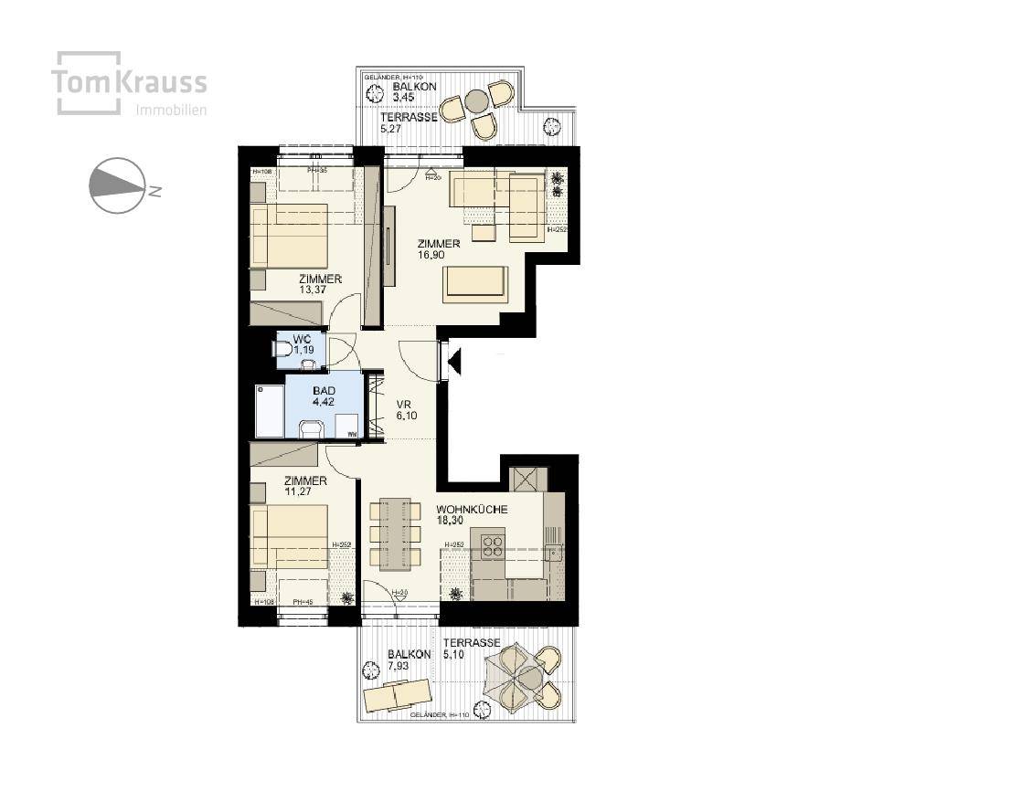 Detaillierter Grundriss einer Wohnung mit zwei Schlafzimmern, Bad, WC und zwei Balkonen.