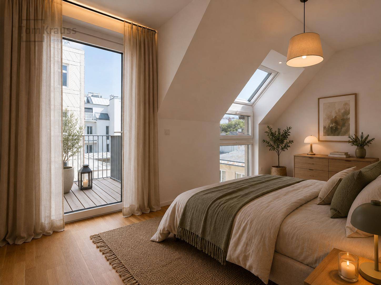 Helles Schlafzimmer mit Holzboden, Doppelbett und Zugang zu einem Balkon.