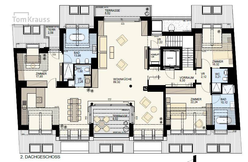 Grundriss des 2. Dachgeschosses mit Wohnküche, mehreren Zimmern, Bädern und Terrassen.