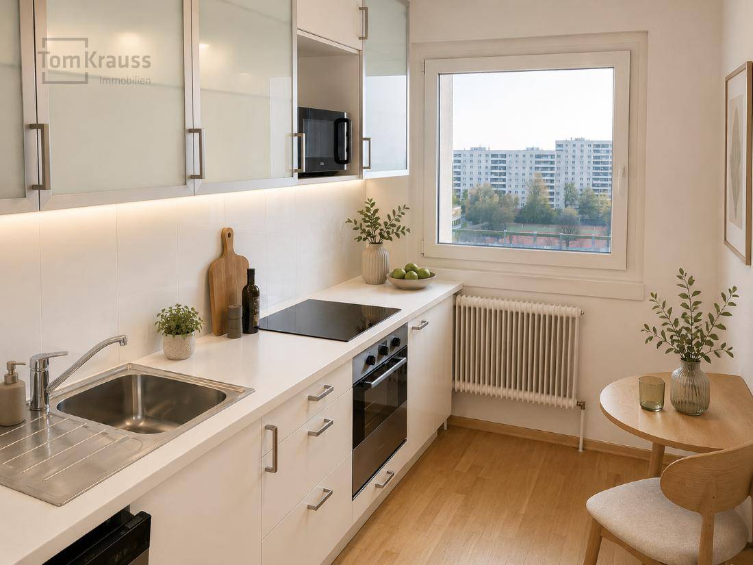 Moderne Einbauküche mit weißen Schränken, Kochfeld und Fenster mit Stadtblick.