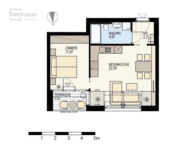 Grundriss einer Wohnung mit Wohnküche, Schlafzimmer, Bad und Terrasse.