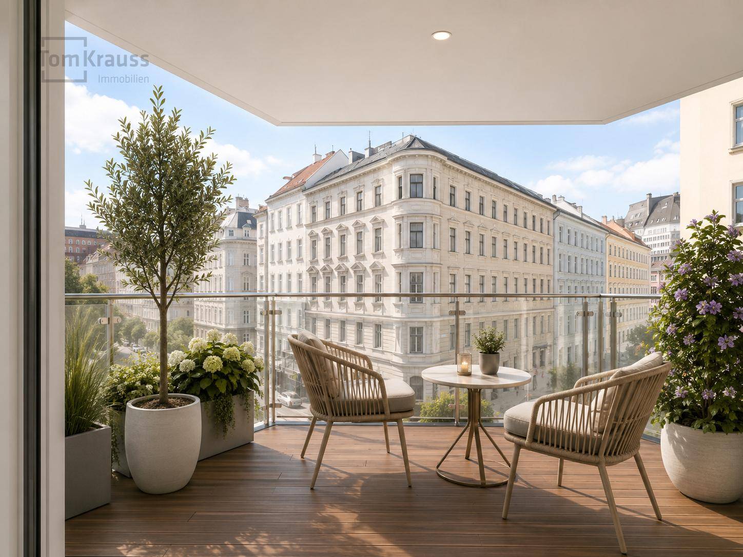 Möblierter Balkon mit Holzboden und Glasgeländer bietet einen schönen Blick auf die Stadt.