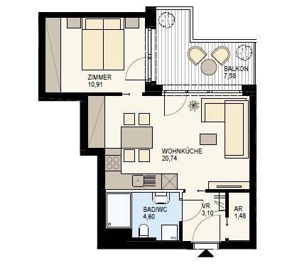 Grundriss einer Wohnung mit einem Schlafzimmer, Wohnküche und Balkon von 7,58 m².