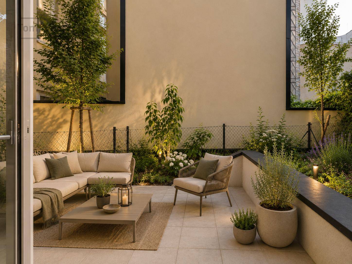 Gemütliche Terrasse mit bequemen Gartenmöbeln und üppiger Bepflanzung für entspannte Abende im Freien.