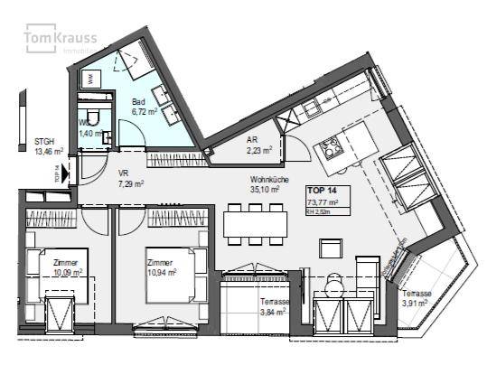 Grundriss für Wohnung TOP 14 mit Wohnküche, zwei Zimmern und zwei Terrassen.