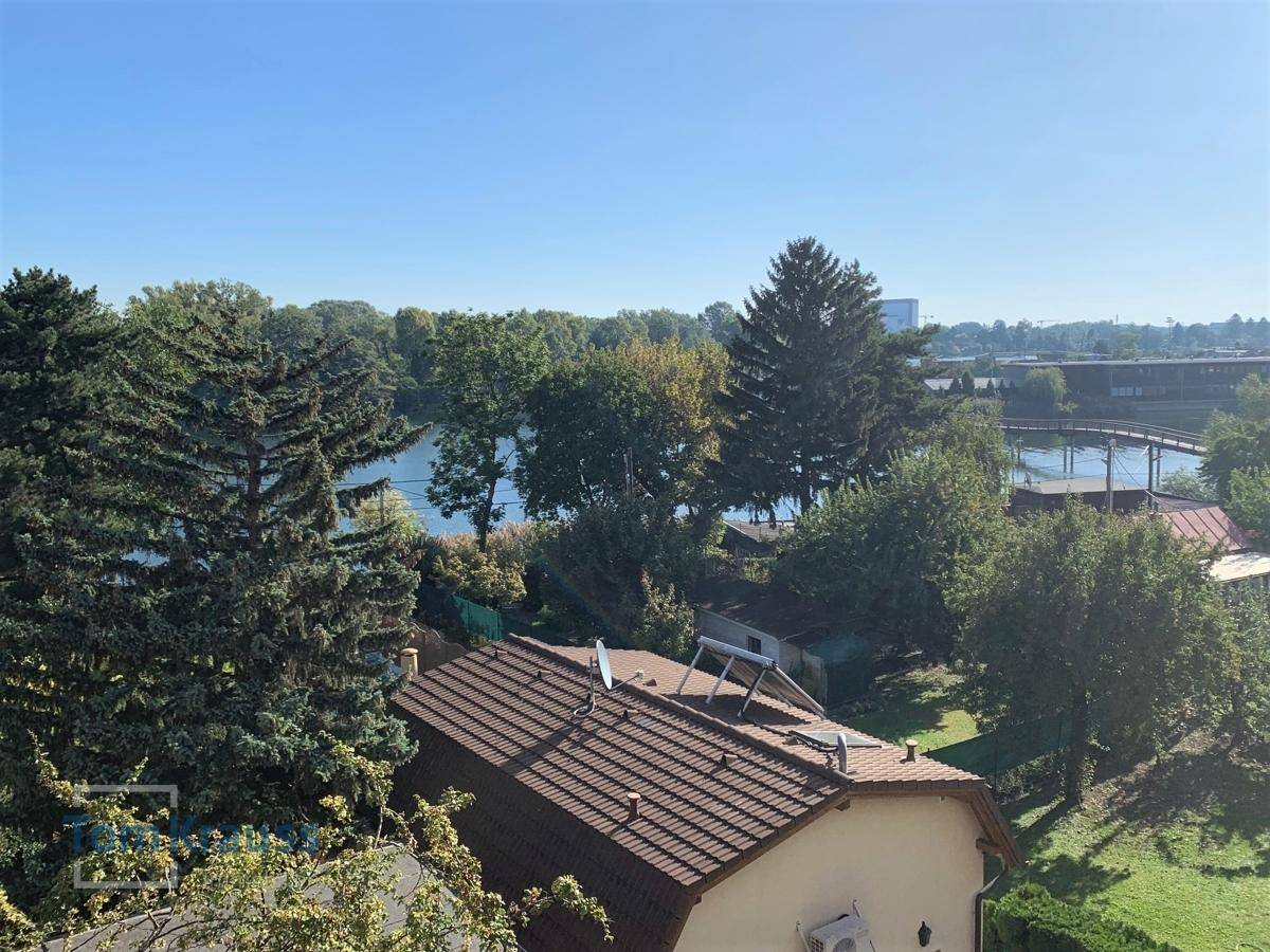 Panoramablick auf einen See mit üppiger Vegetation und einem Hausdach im Vordergrund.