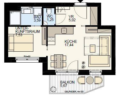 Grundriss einer Wohnung mit Küche, Wohnbereich, Schlafzimmer, Bad, WC und einem Balkon.
