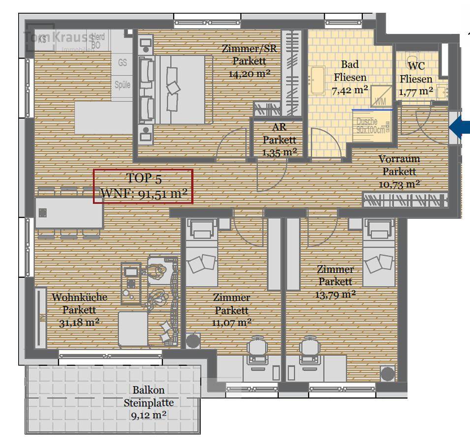 Detaillierter Grundriss einer Wohnung mit Wohnküche, Schlafzimmern und Balkon.