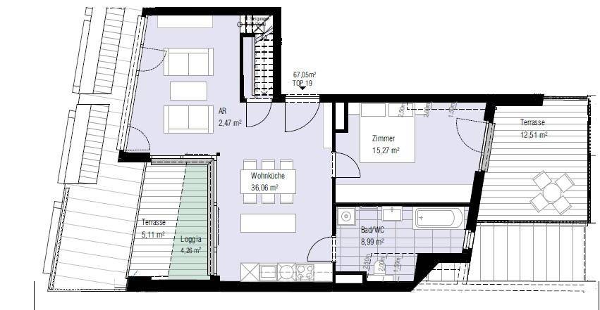 Grundriss einer Wohnung mit offener Wohnküche, Schlafzimmer, Bad, Terrasse und Loggia.