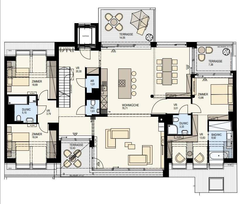 Detaillierter Grundriss einer Etage mit offener Wohnküche, mehreren Schlafzimmern und Terrassen.