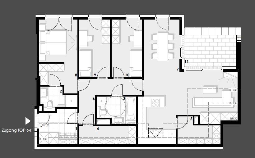 Detaillierter Grundriss einer Wohnung mit mehreren Zimmern, Bädern, Küche und einem Balkon.