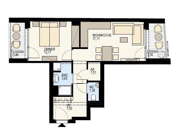 Grundriss einer Wohnung mit zwei Loggien, einem Schlafzimmer, Wohnküche und separatem WC.