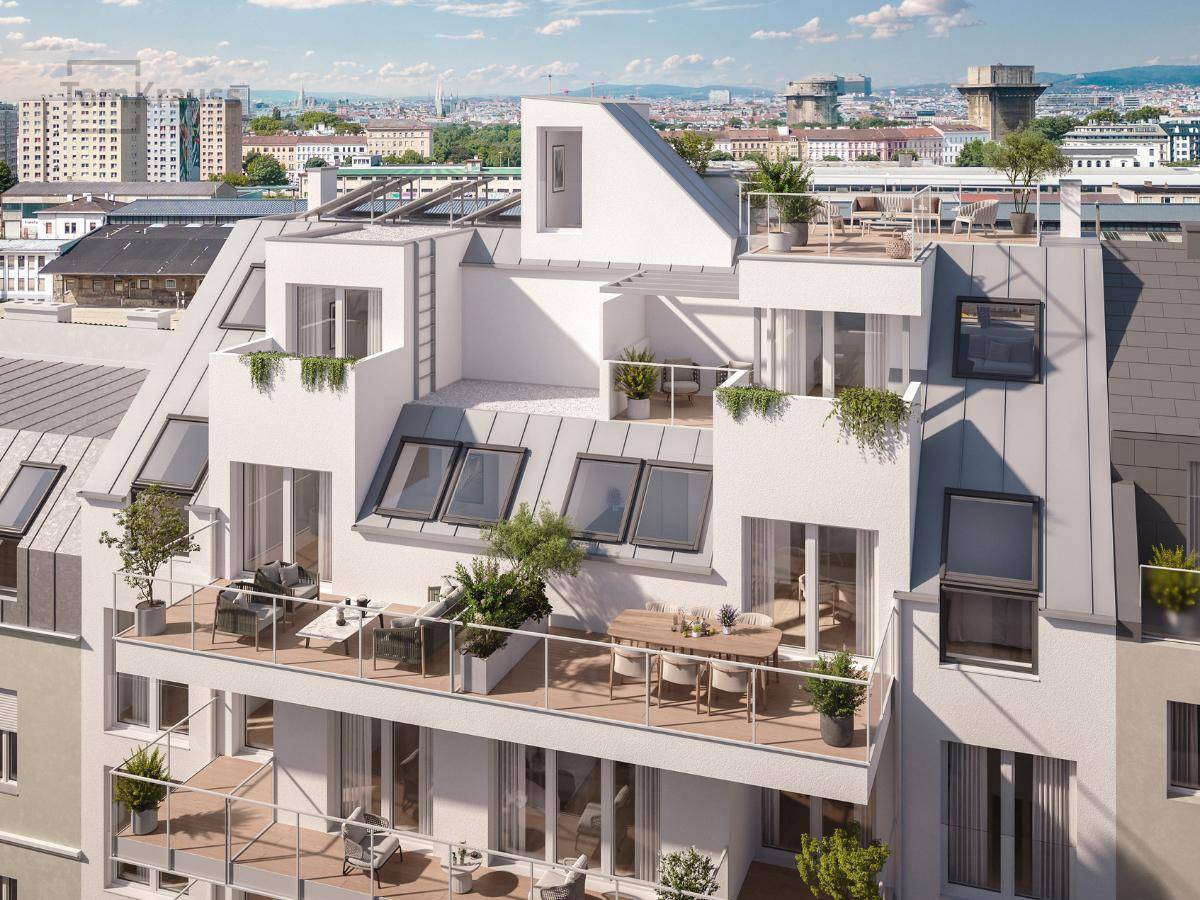 Dachgeschosswohnungen mit großzügigen Terrassen, Dachfenstern und Panoramablick über die Stadt.