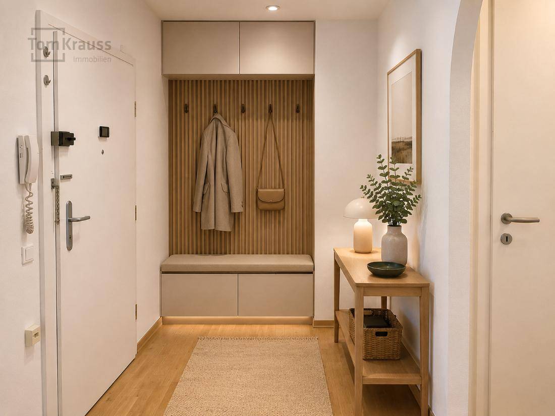 Heller Eingangsbereich mit Garderobe, Sitzbank und Holzboden, einladend gestaltet.