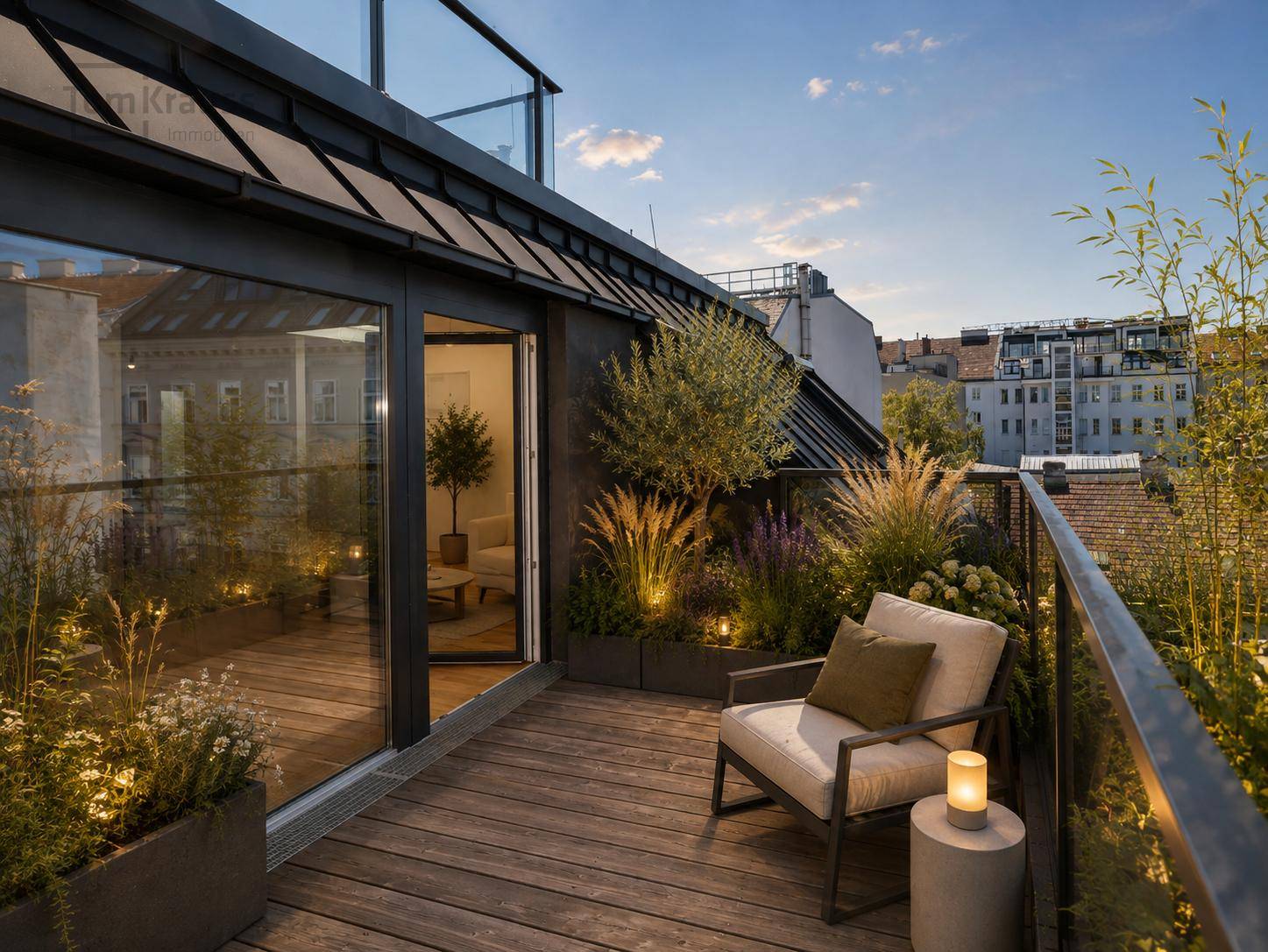 Stilvolle Dachterrasse mit Holzboden, üppiger Bepflanzung und gemütlicher Sitzgelegenheit am Abend.