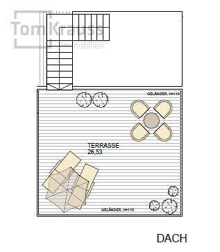 Grundriss des Dachbereichs mit einer großen, begehbaren Terrasse für vielfältige Nutzung und Entspannung.