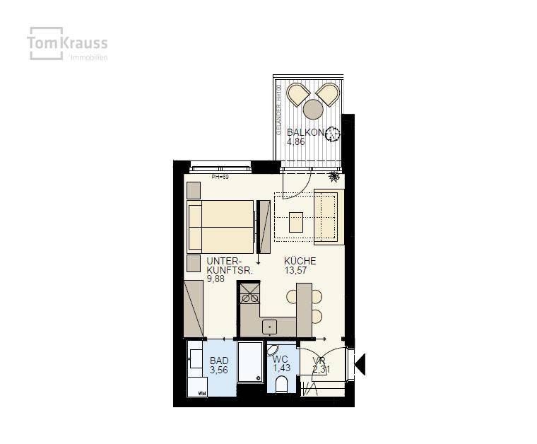 Grundriss einer kleinen Wohnung mit Balkon, Küche, Bad und separatem WC.