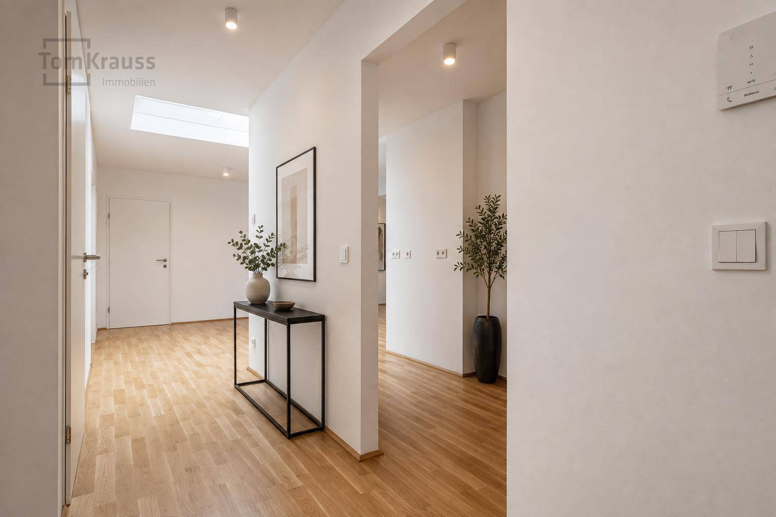 Heller Flur mit Holzboden, modernem Konsolentisch und dekorativer Pflanze, beleuchtet durch ein Dachfenster.