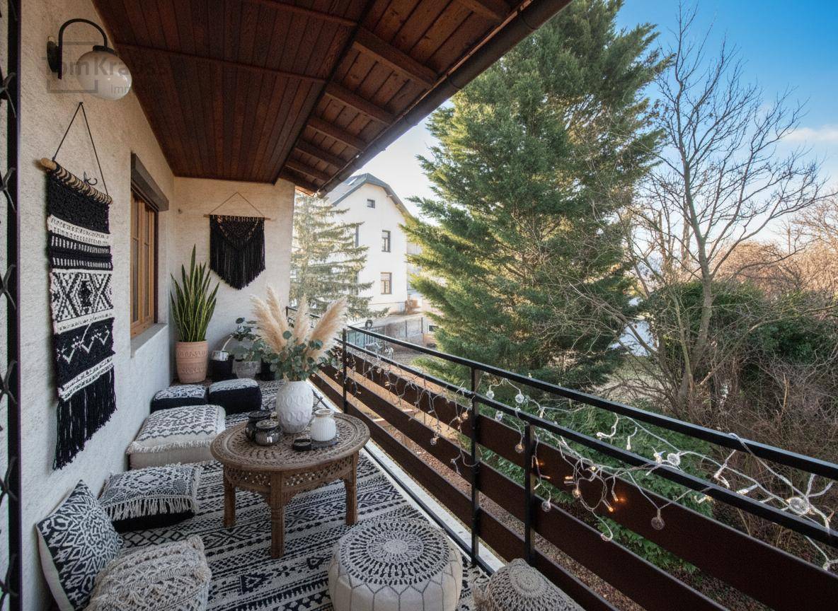 Renovierter Balkon mit Bohème-Dekoration, gemütlicher Sitzecke und Blick ins Grüne.