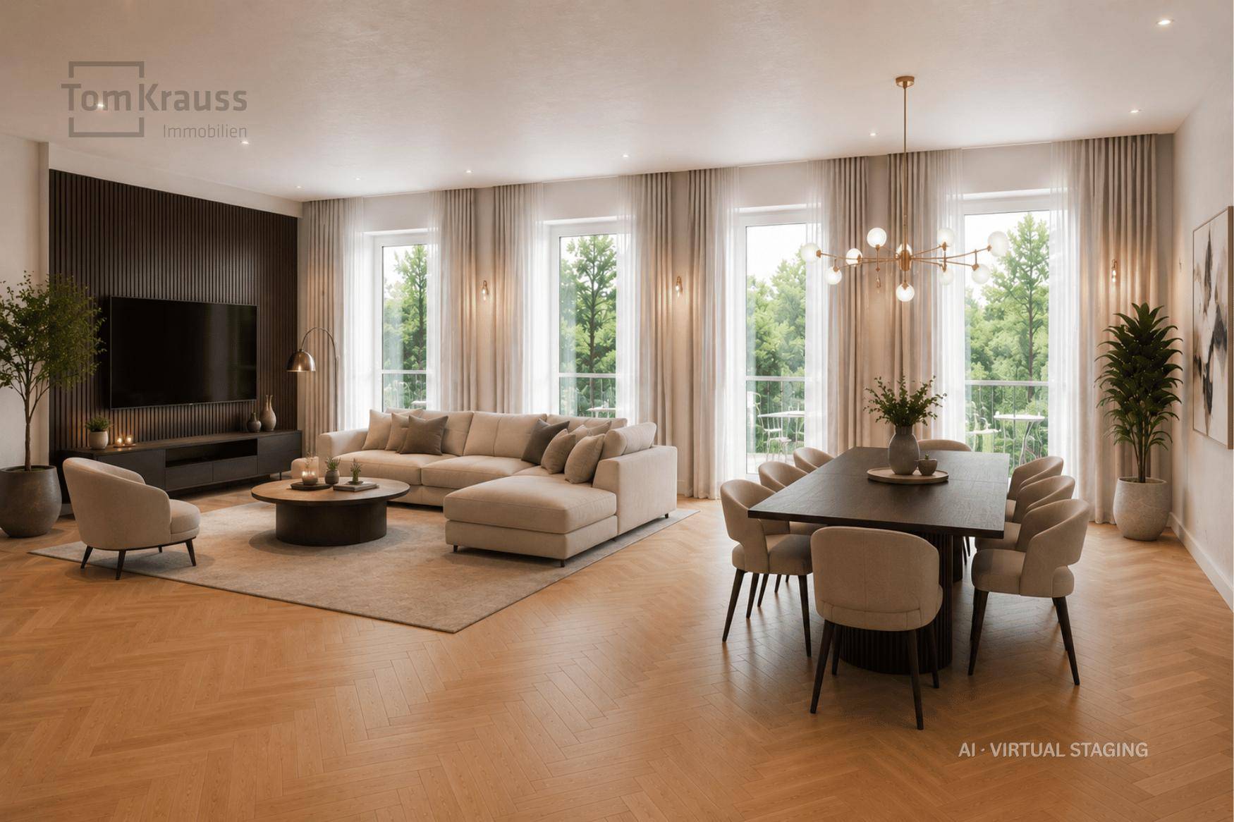 Großzügiger, lichtdurchfluteter Wohn- und Essbereich mit modernem Interieur und Blick ins Grüne.