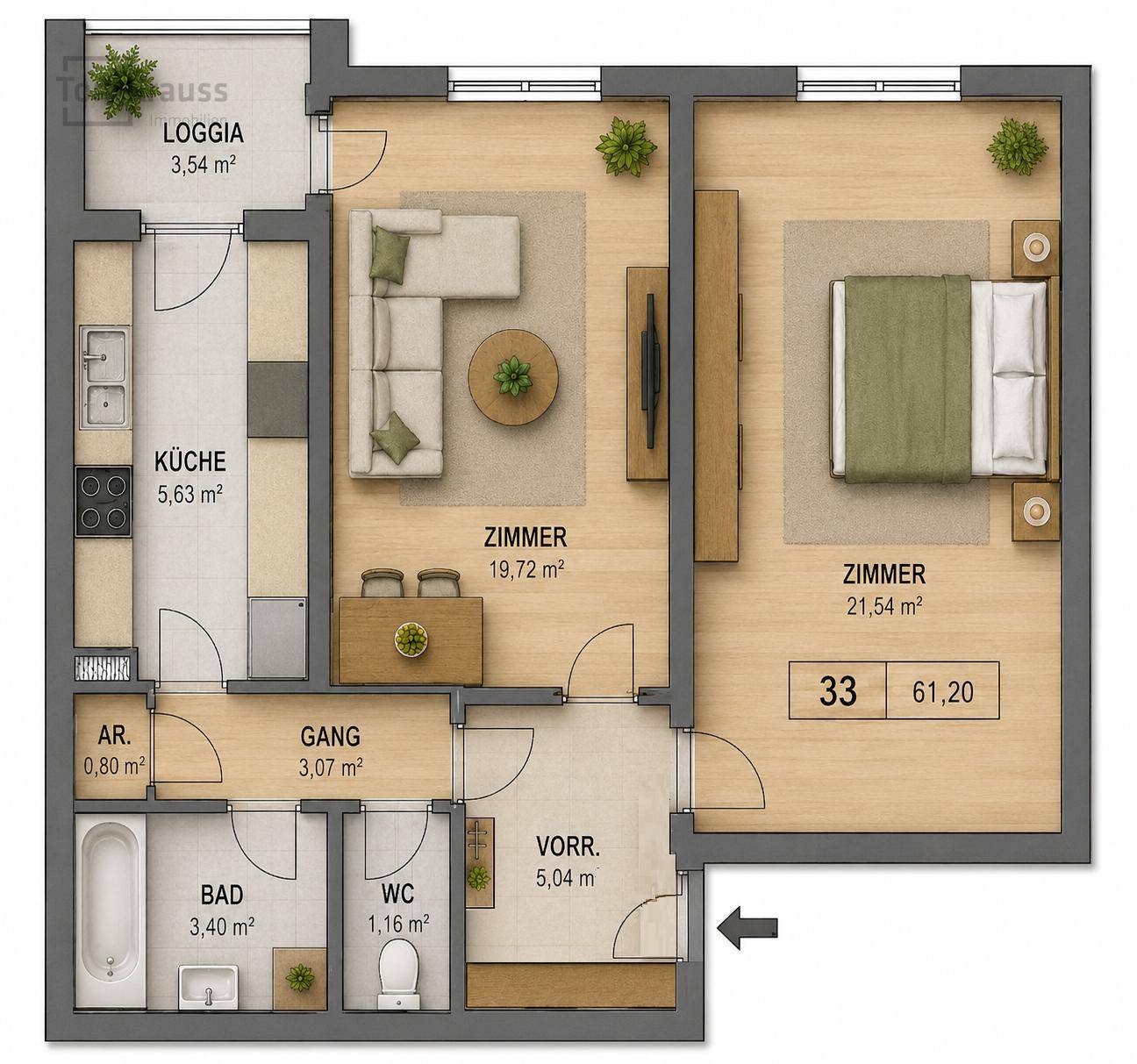 Detaillierter Grundriss der Wohnung mit Zimmeraufteilung, Loggia und Flächenangaben.